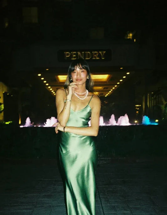 Glamorous satin V-neck spaghetti-strap floor-length slip dress