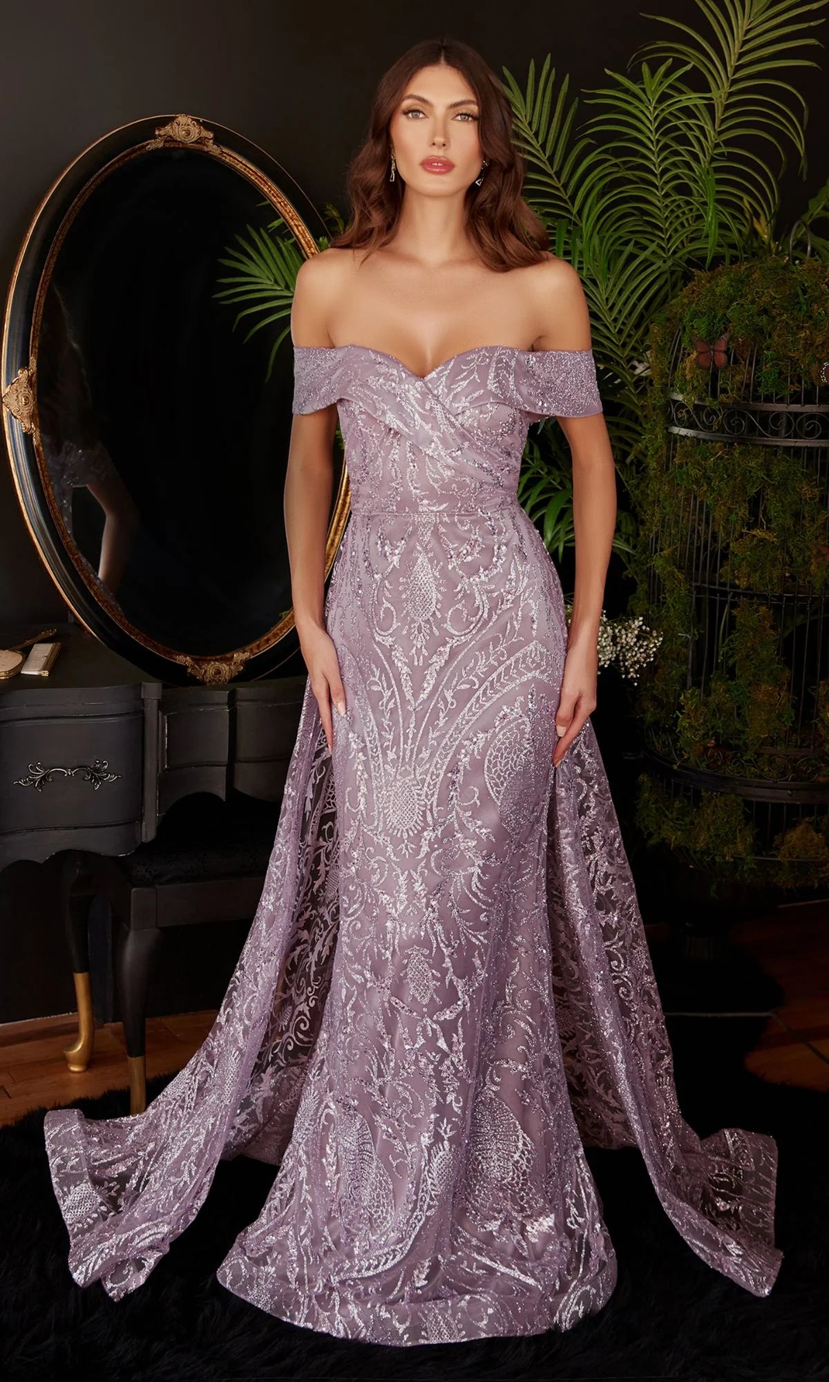 Long Prom Dress with Glitter-Print Overskirt