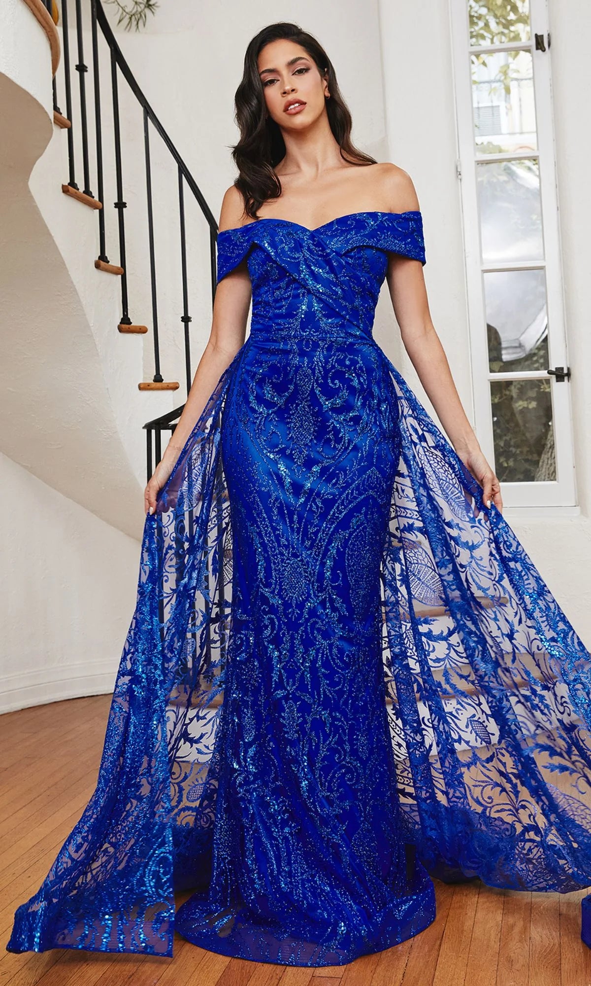 Long Prom Dress with Glitter-Print Overskirt