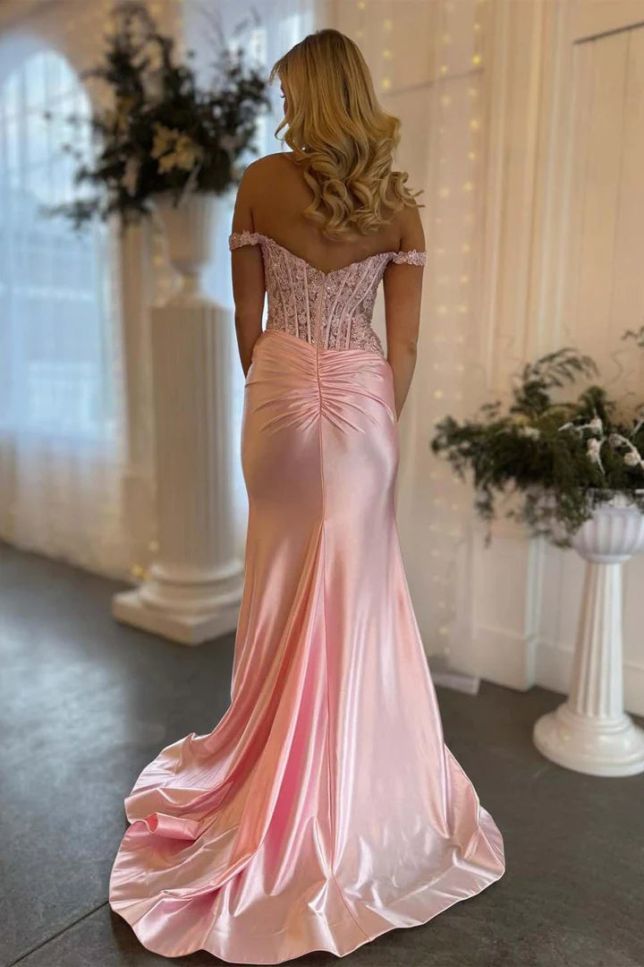 Light Pink Off the Shoulder Prom Dress with Slit