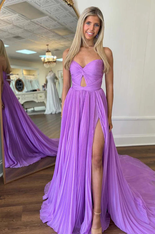 Lilac pleated strapless slit with trailing prom dress