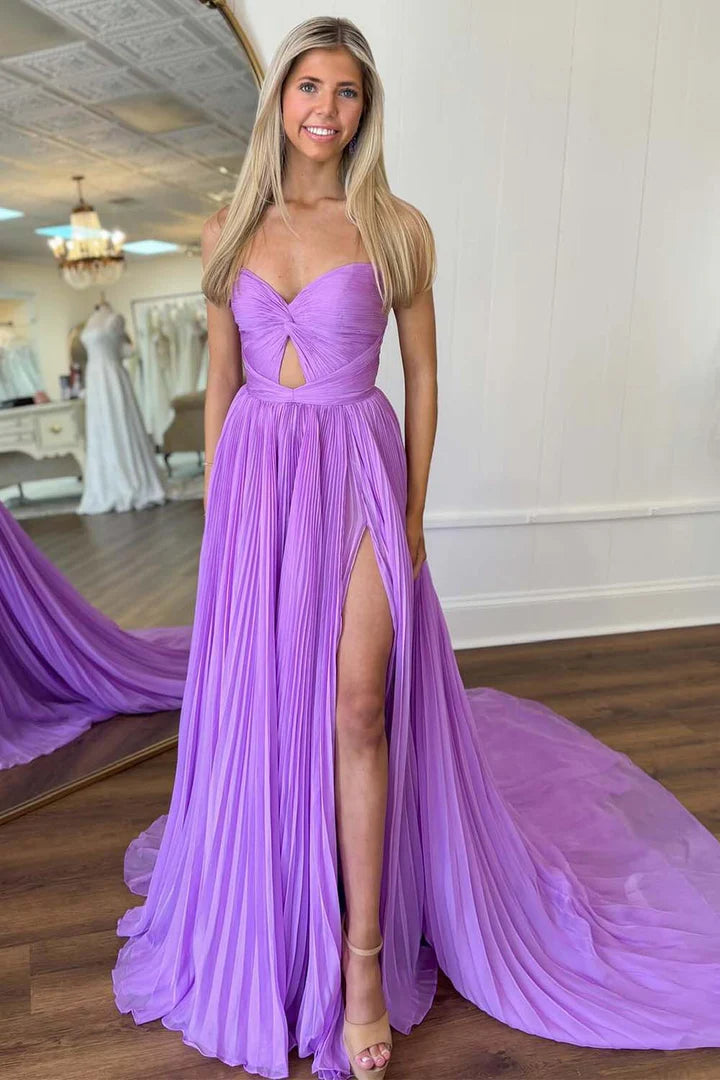 Lilac pleated strapless slit with trailing prom dress