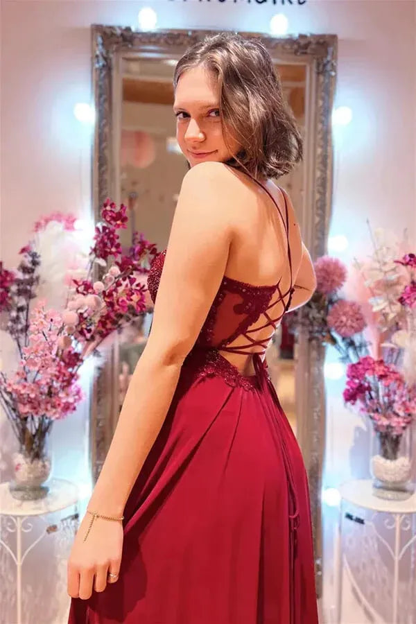 Luxe A-Line Deep V Neck Sleeveless Crisscross Back Floor Length Prom Dress