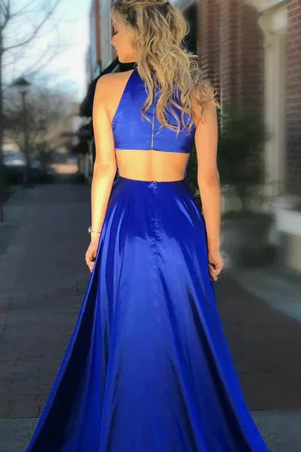 Luxe A-Line High Neck Sleeveless Cut-Out-Back Train-Length Prom Dress