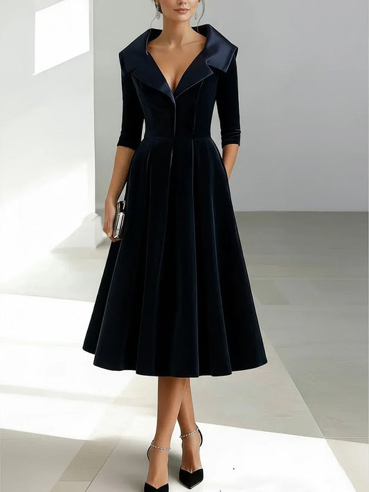 Luxurious A-Line Deep V Collar 3/4 Sleeve Velvet Midi Length Mother of the Bride Dress