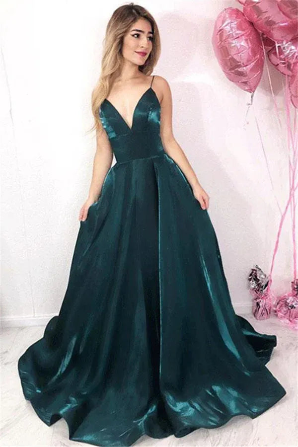 Luxurious A-Line Deep V Spaghetti-Strap Open Back Train Length Prom Dress