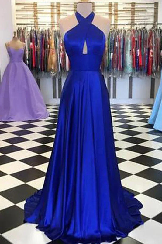 Luxurious A-Line Halter Neck Sleeveless Cut Out Back Train Length Prom Dress