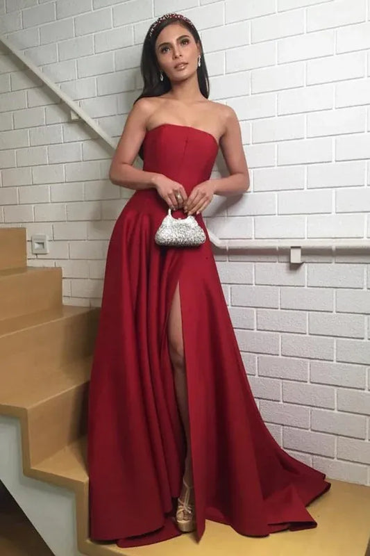 Luxurious A-Line Sweetheart Strapless High Slit Train Length Prom Dress