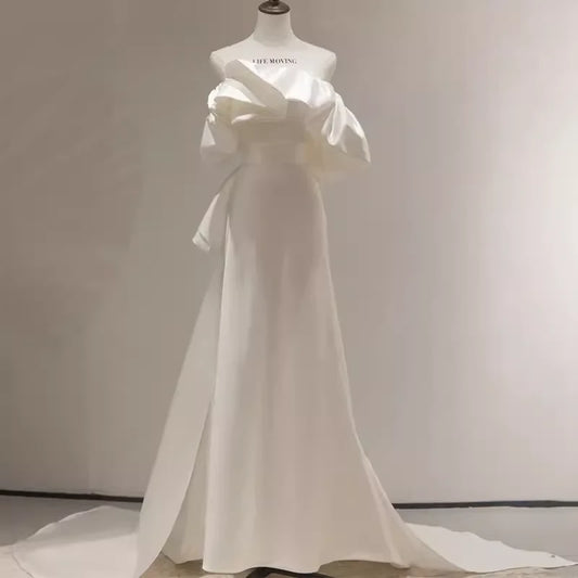 Luxurious A-line Off-the-shoulder Ruffle-sleeve Bow-back Train-length Wedding Dress