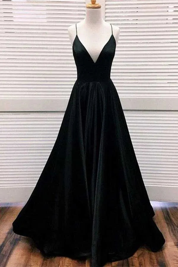 Luxury A-Line Deep-V Spaghetti Strap Open Back Floor Length Prom Dress