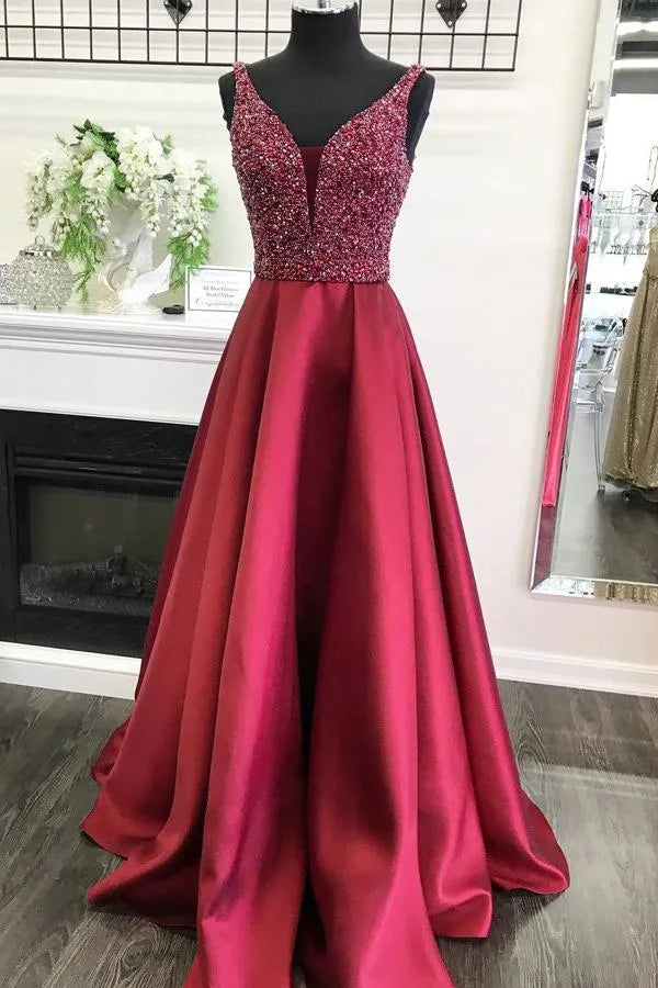 Opulent Ball-Gown Deep V Sleeveless Beaded Train Length Prom Dress