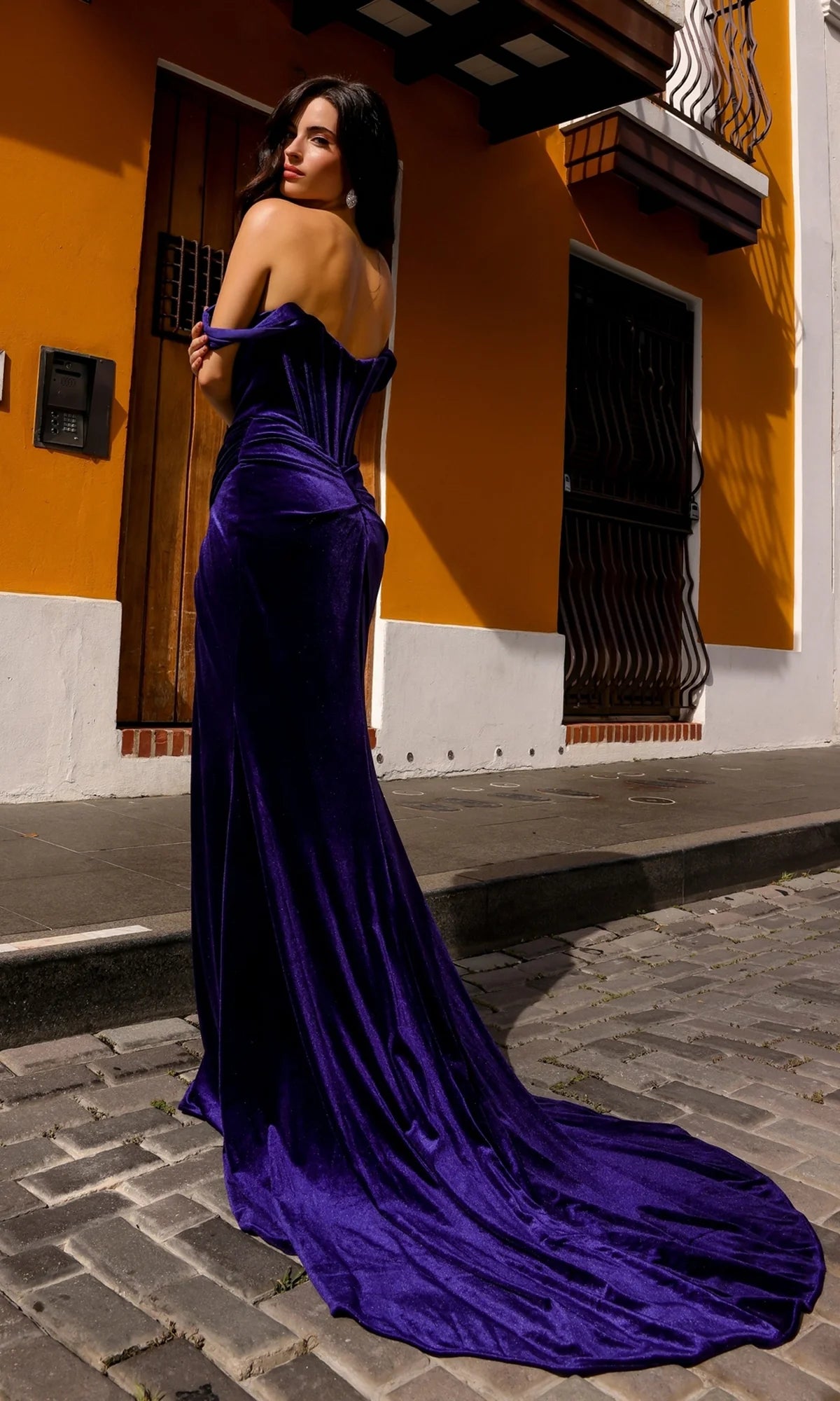 Off-the-Shoulder Long Velvet Prom Dress