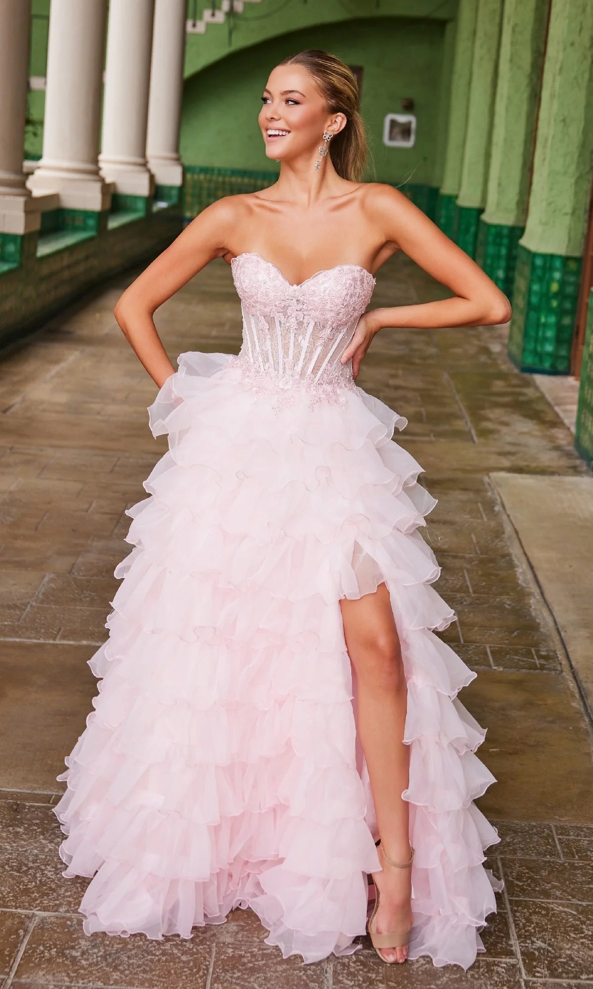 Strapless Ruffled Prom Ball Gown