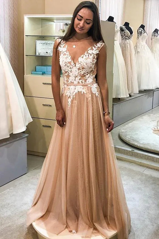 Romantic A-Line Deep V Sleeveless Lace Open Back Floor Length Prom Dress