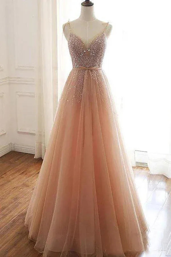 Romantic A-Line Deep-V Spaghetti Strap Beaded-Lace Up Back Floor Length Prom Dress