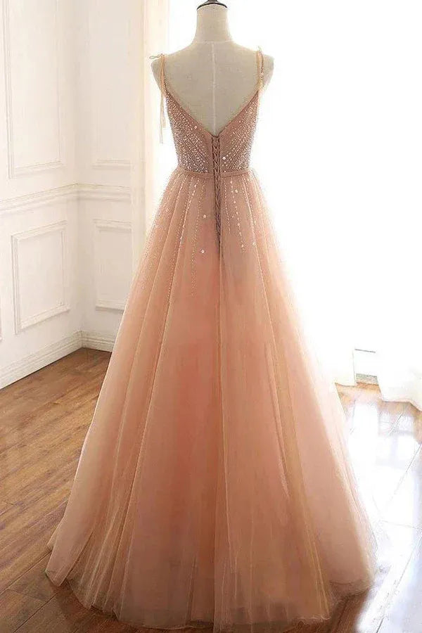 Romantic A-Line Deep-V Spaghetti Strap Beaded-Lace Up Back Floor Length Prom Dress