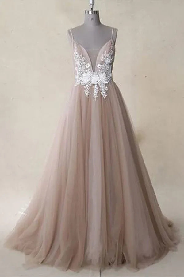 Romantic A-Line Deep V Spaghetti-Strap Lace Open Back Train Length Prom Dress