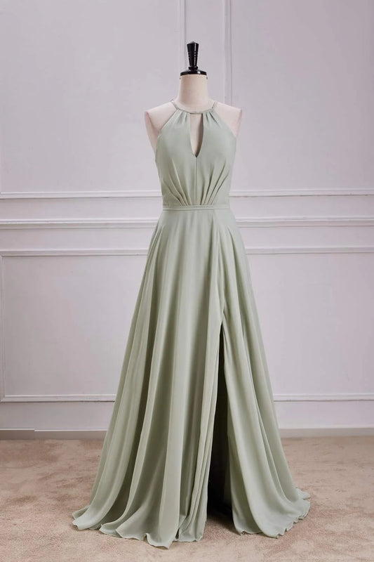 Romantic A Line Halter Neck Keyhole Back Slit Floor Length Bridesmaid Dress