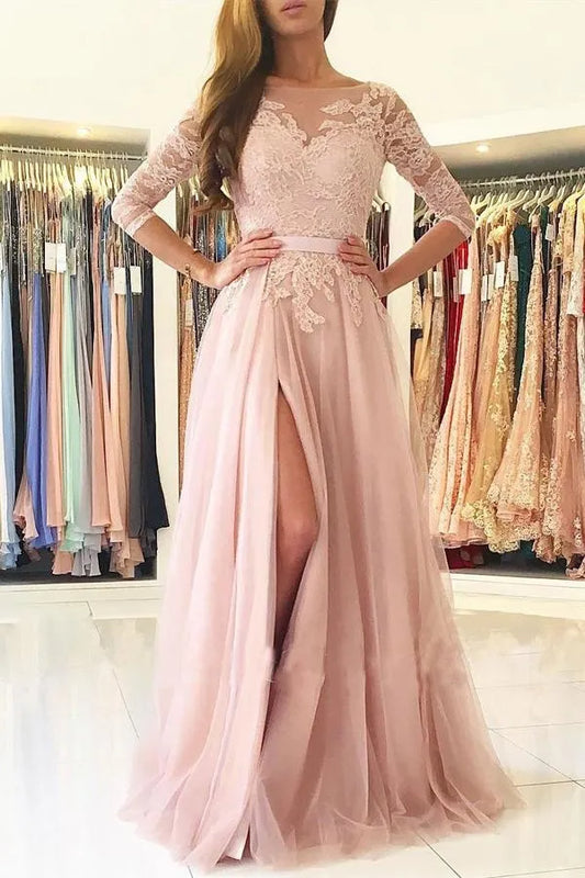 Romantic A-Line Illusion Neck Three Quarter Sleeve Lace High Slit Train Length Prom Dress