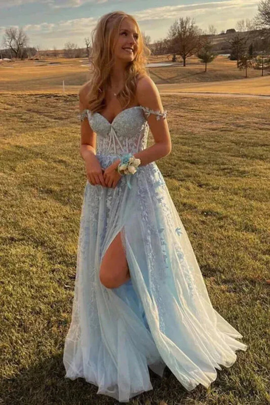 Romantic A-Line Sweetheart Off the Shoulder Lace Back Floor Length Prom Dress