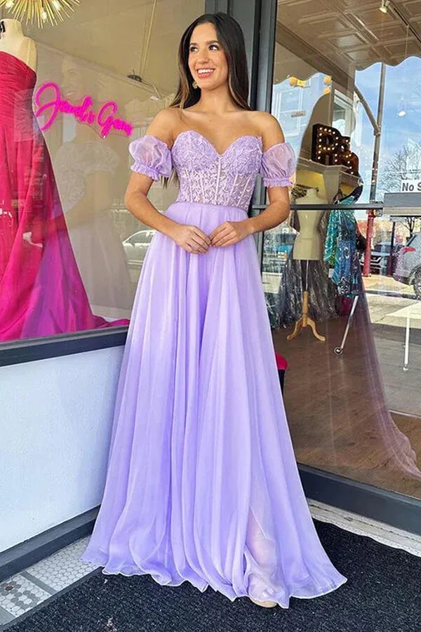 Romantic A-Line Sweetheart Off-the-Shoulder Lace-Up-Back Train-Length Prom Dress