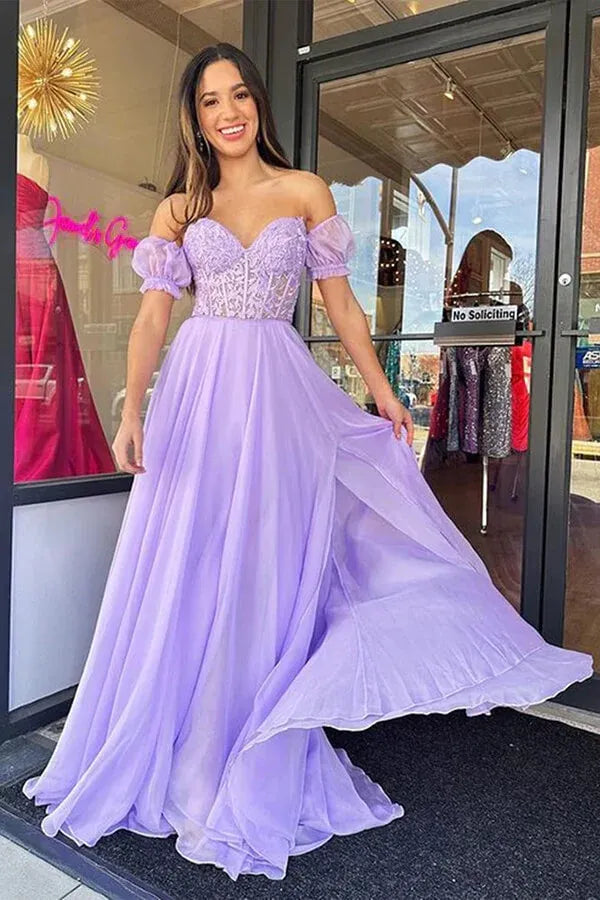 Romantic A-Line Sweetheart Off-the-Shoulder Lace-Up-Back Train-Length Prom Dress