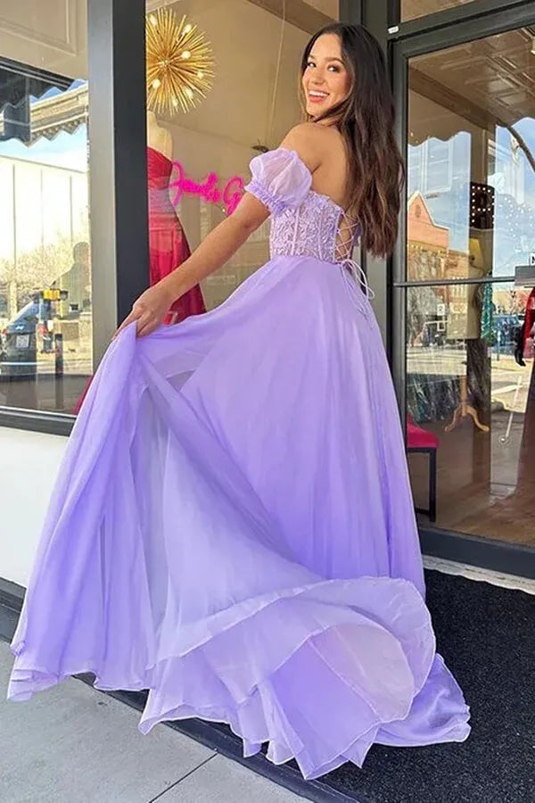 Romantic A-Line Sweetheart Off-the-Shoulder Lace-Up-Back Train-Length Prom Dress
