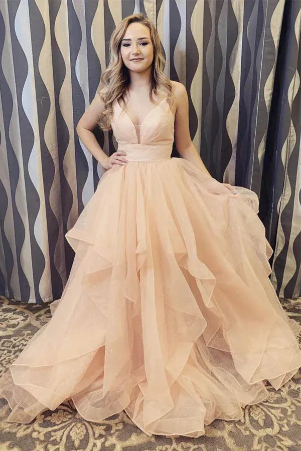 Romantic Ballgown Deep-V Spaghetti Strap Open Back Train Length Prom Dress