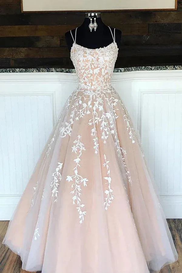 Romantic Ballgown Sweetheart Spaghetti Strap Lace Cross Back Train Length Prom Dress