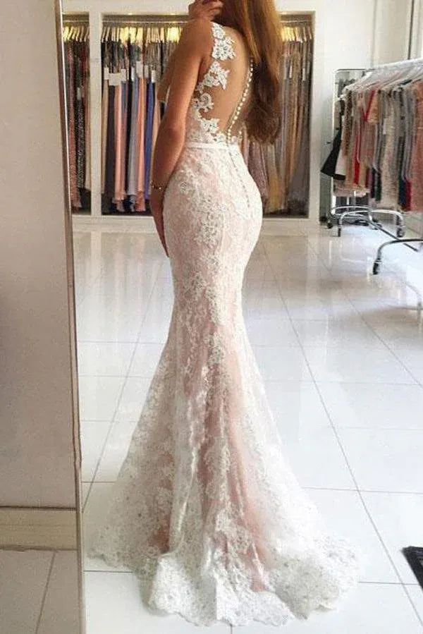 Romantic Mermaid Deep-V Spaghetti Strap Lace Keyhole Back Train Length Prom Dress