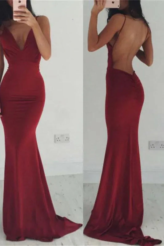 Sleek Mermaid Deep-V Spaghetti Strap Open Back TrainLength Prom Dress