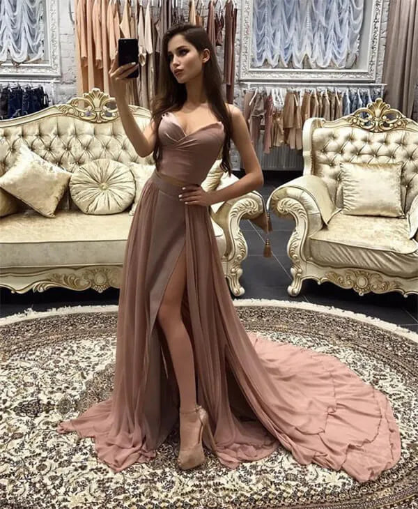 Romantic Two-Piece A-Line Sweetheart Spaghetti Strap High Slit Train Length Prom Dress