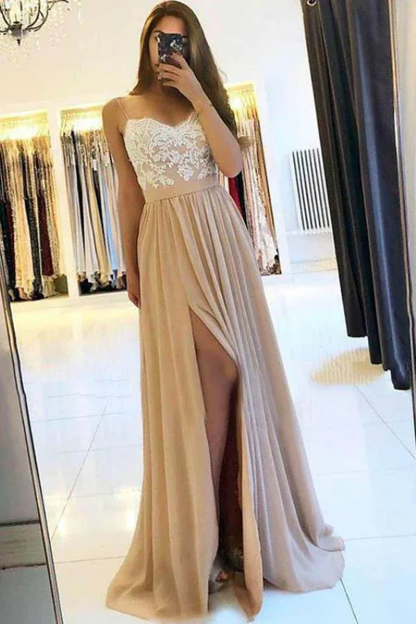 Romantic Two-Piece A-Line Sweetheart Spaghetti Strap Lace High Slit Train Length Prom Dress