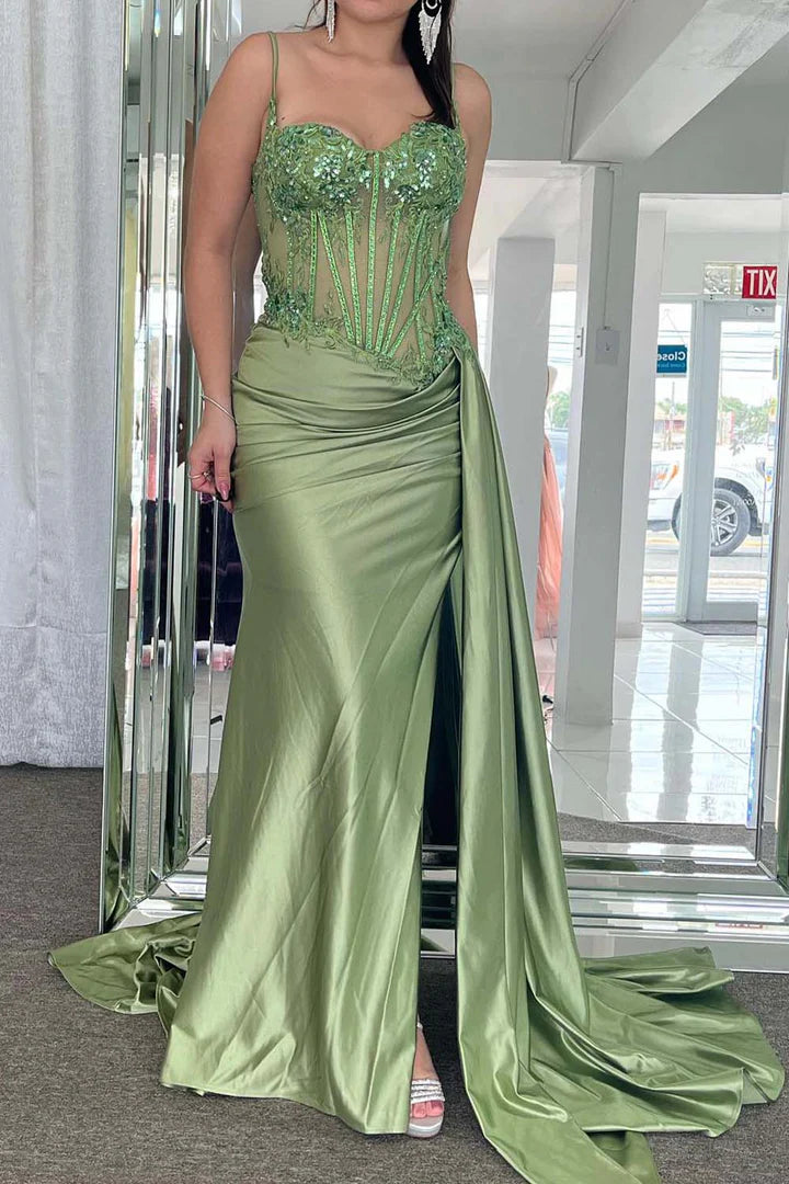 Ruffled thin shoulder strap satin slim fit Prom Dress