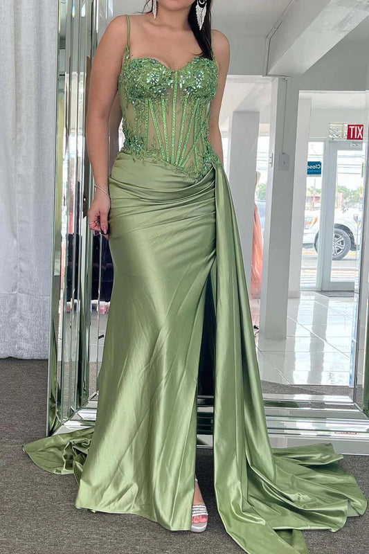 Ruffled thin shoulder strap satin slim fit Prom Dress