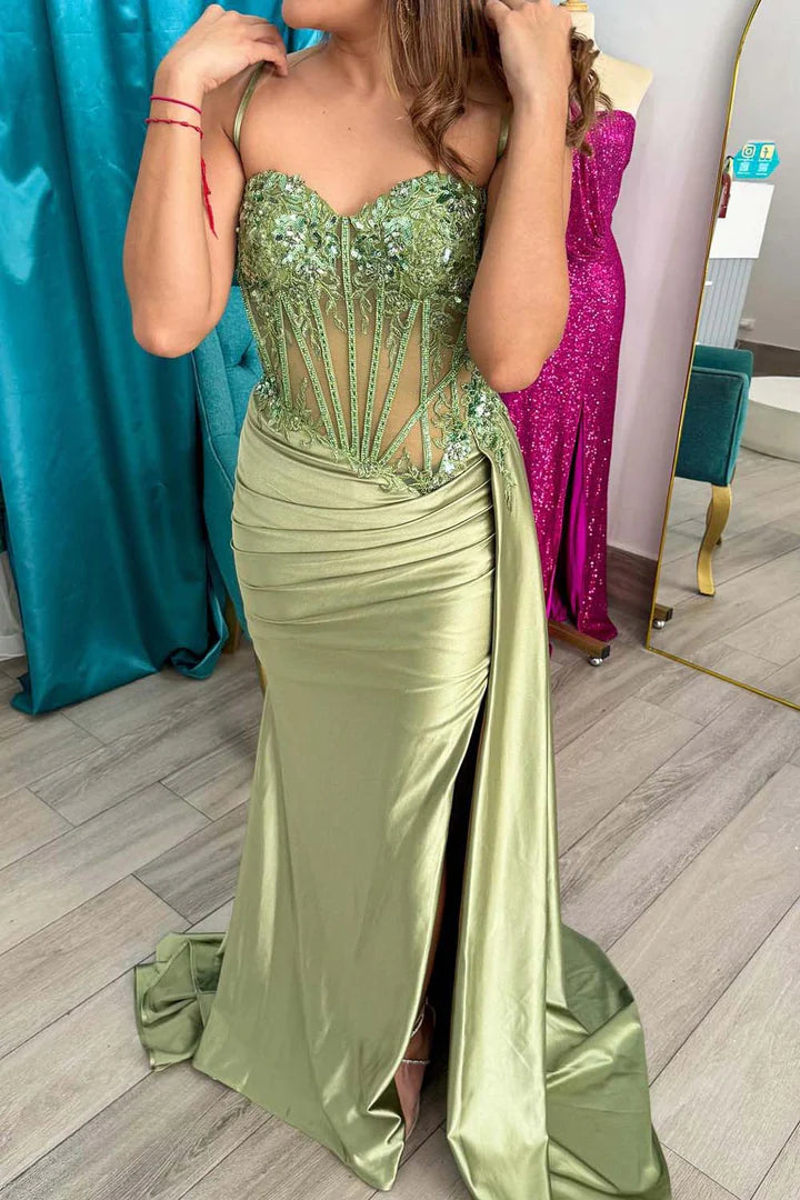 Ruffled thin shoulder strap satin slim fit Prom Dress