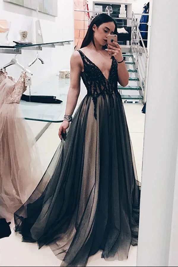 Sleek A-Line Deep-V Sleeveless Lace Open Back Ombre Floor Length Prom Dress