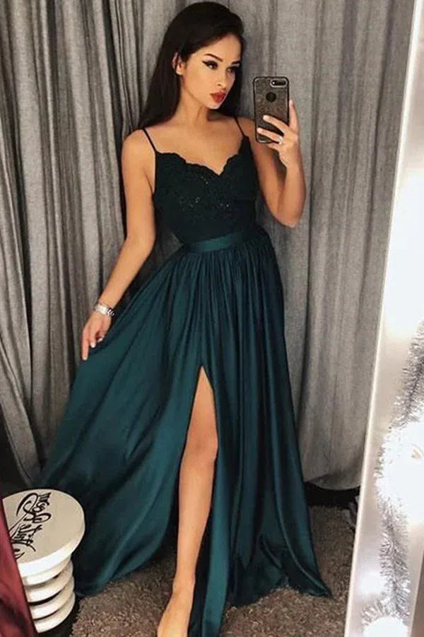 Sleek A-Line Sweetheart Spaghetti Strap Lace High Slit Train Length Prom Dress