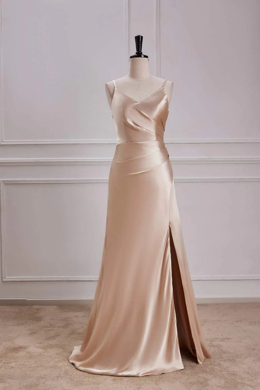 Sleek Mermaid Spaghetti Strap Draped Bodice Slit Floor Length Bridesmaid Dress