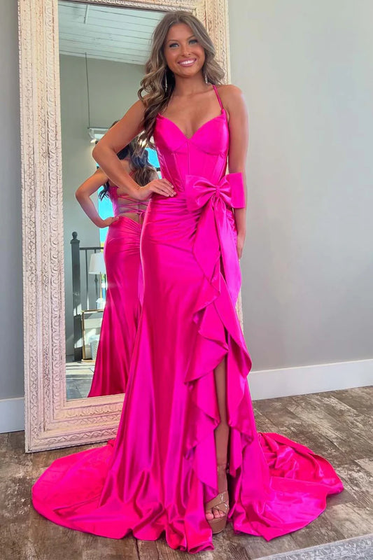 Slit Ruffle Hot Pink Fitted Prom Dress with Bow