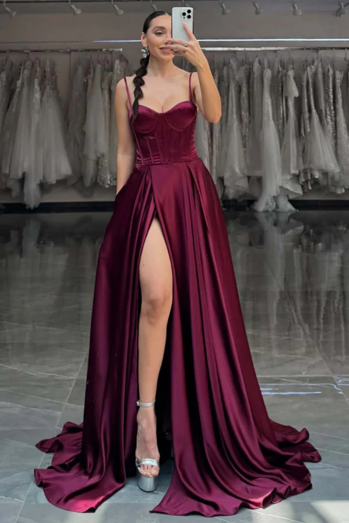 Spaghetti Straps Corset Bodycon Prom Dress with High Slit