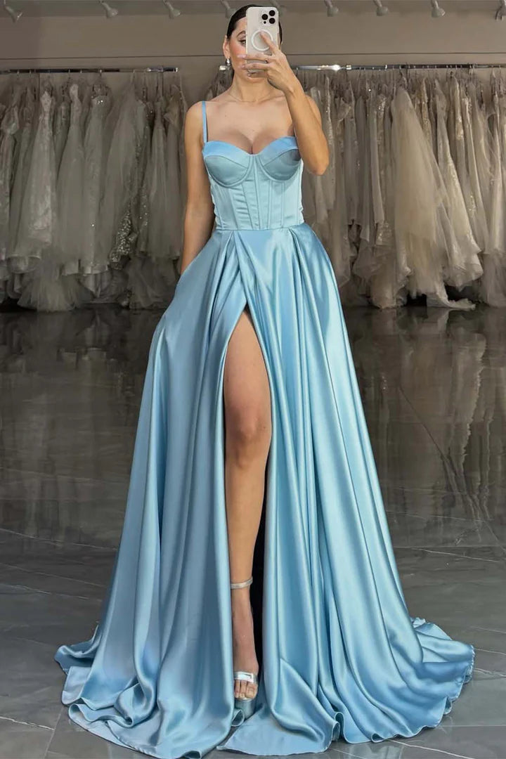 Spaghetti Straps Corset Bodycon Prom Dress with High Slit