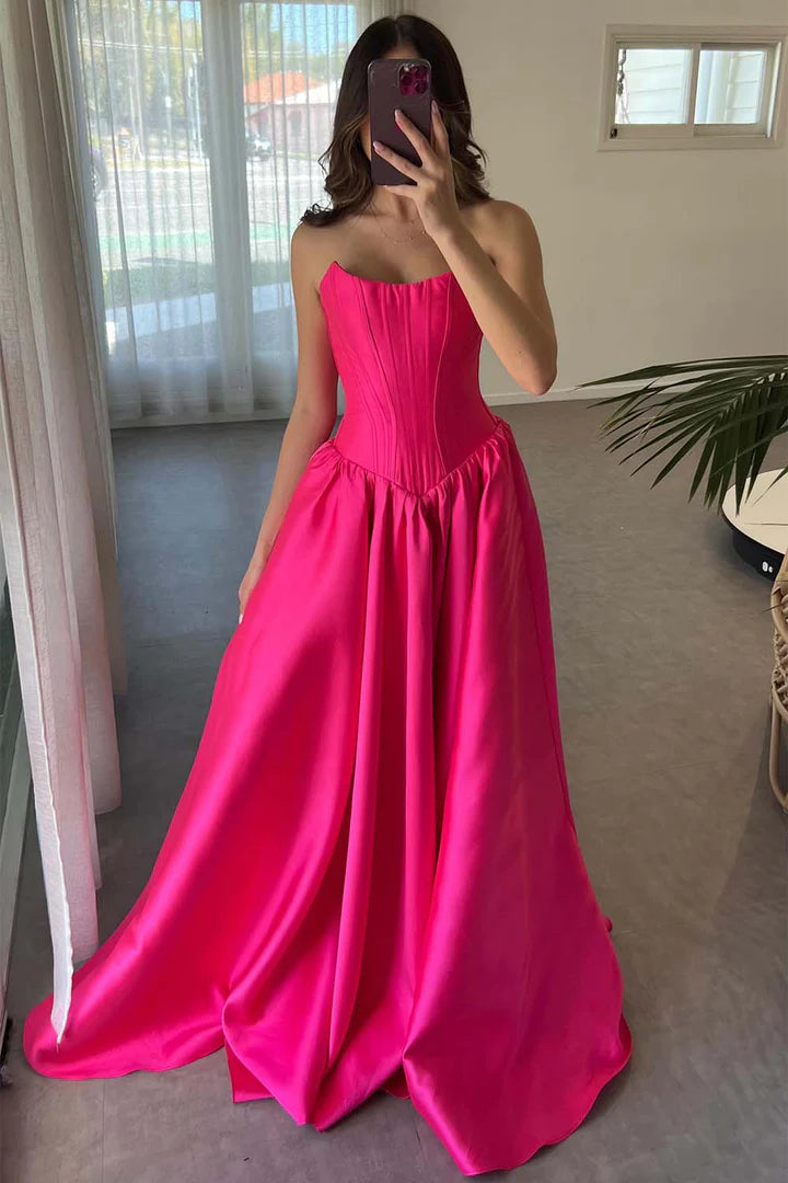 Strapless bright pink long cinched ball gown Prom Dress