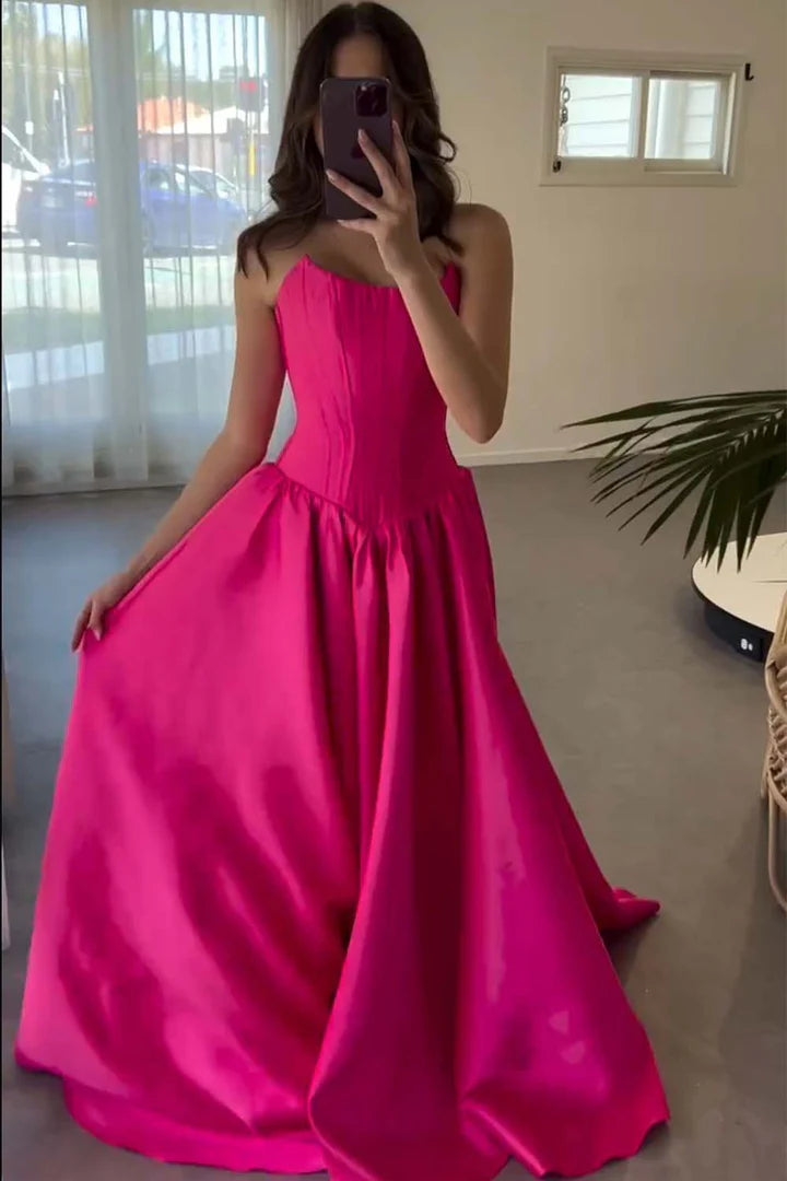 Strapless bright pink long cinched ball gown Prom Dress