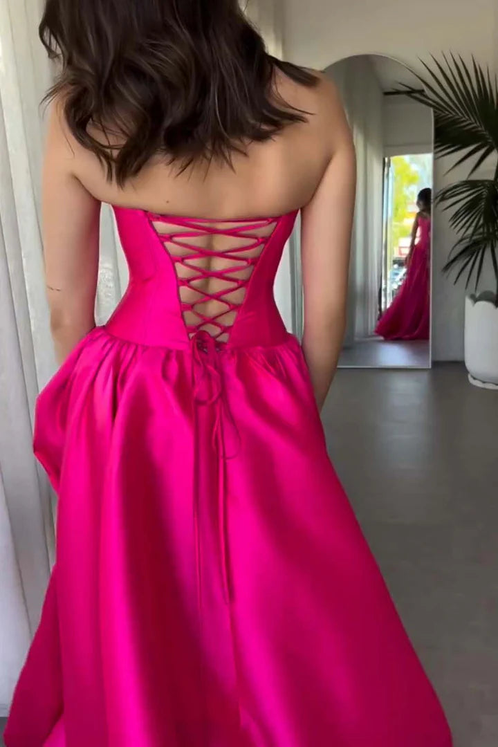 Strapless bright pink long cinched ball gown Prom Dress