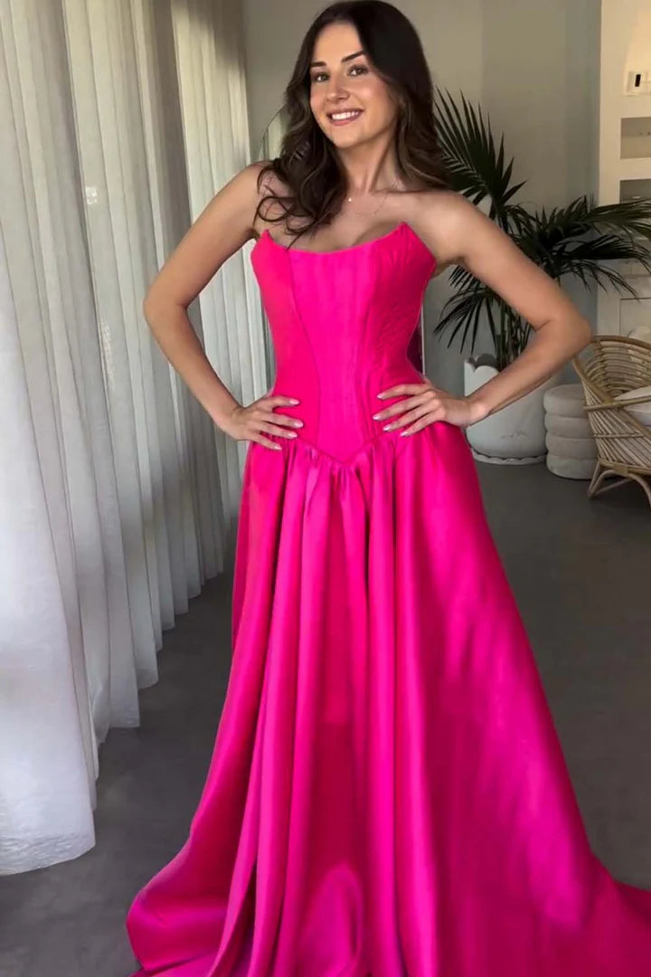 Strapless bright pink long cinched ball gown Prom Dress