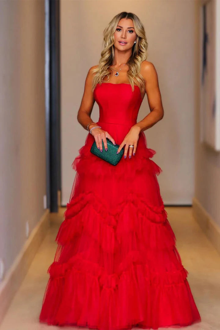 Strapless red long waist cinched prom dress