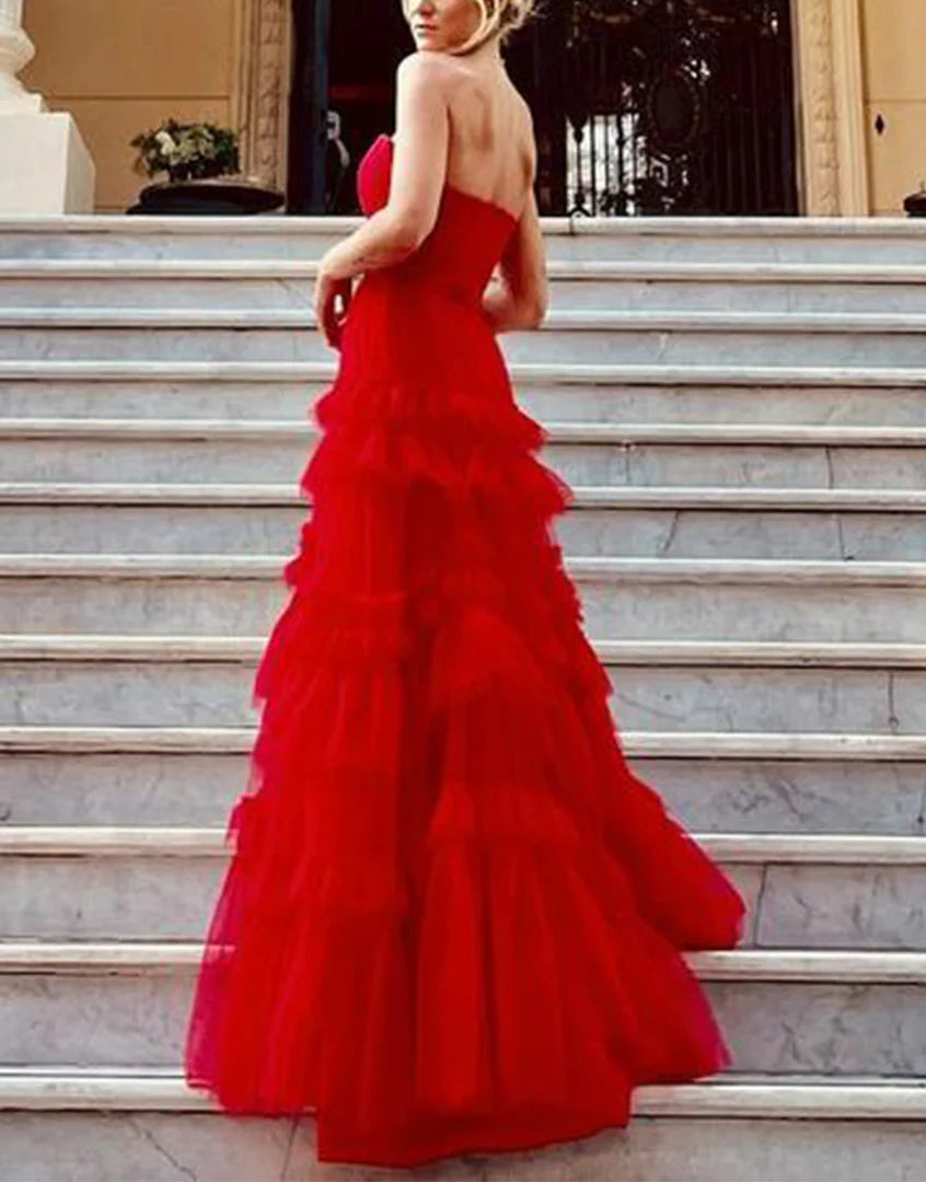 Strapless red long waist cinched prom dress