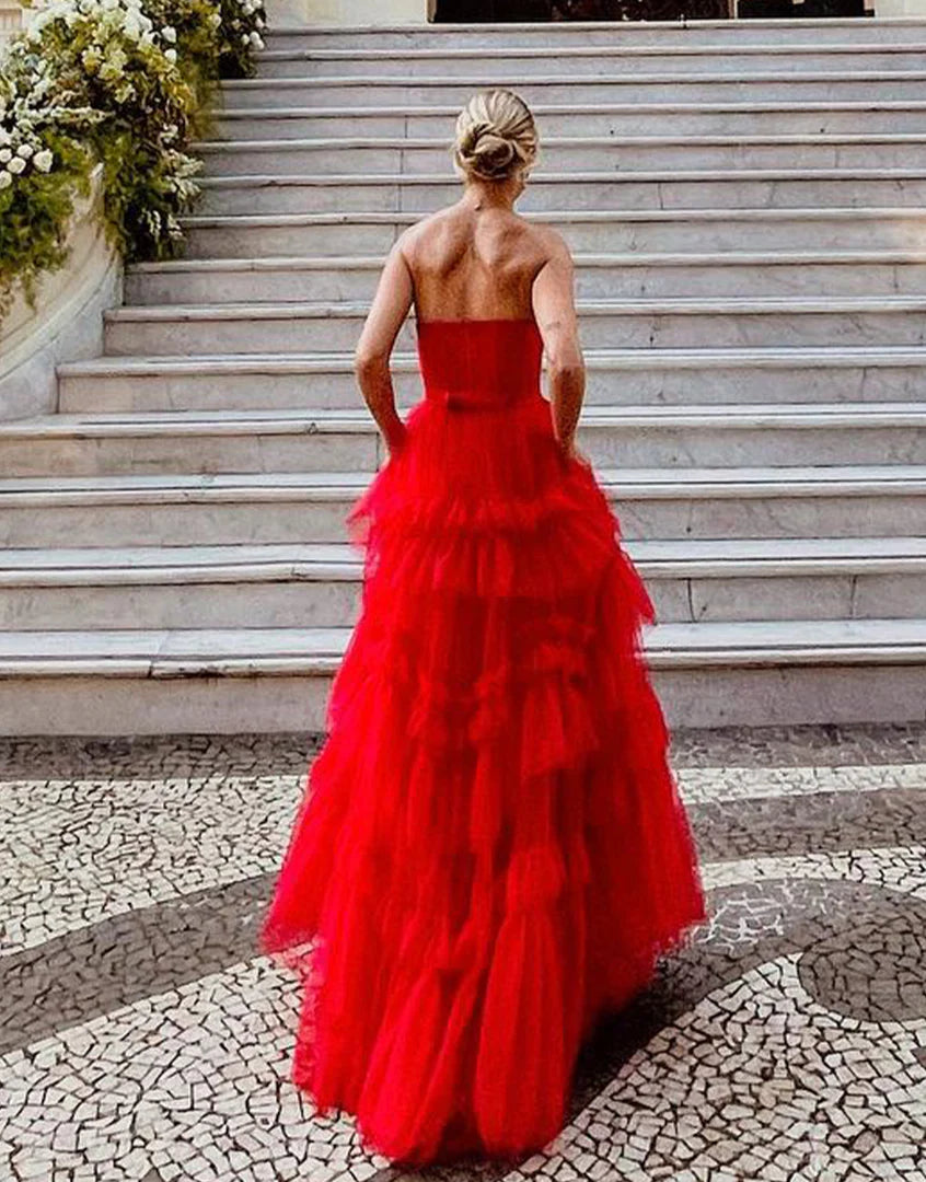 Strapless red long waist cinched prom dress