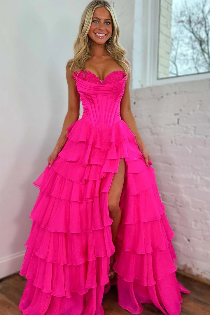 Strapless satin tight corset ball dress with chiffon ruffles Prom Dresses